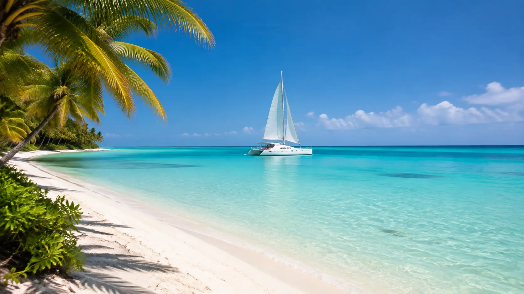 isla-saona-catamaran-excursion White-sand beach on Isla Saona with a sailing catamaran offshore