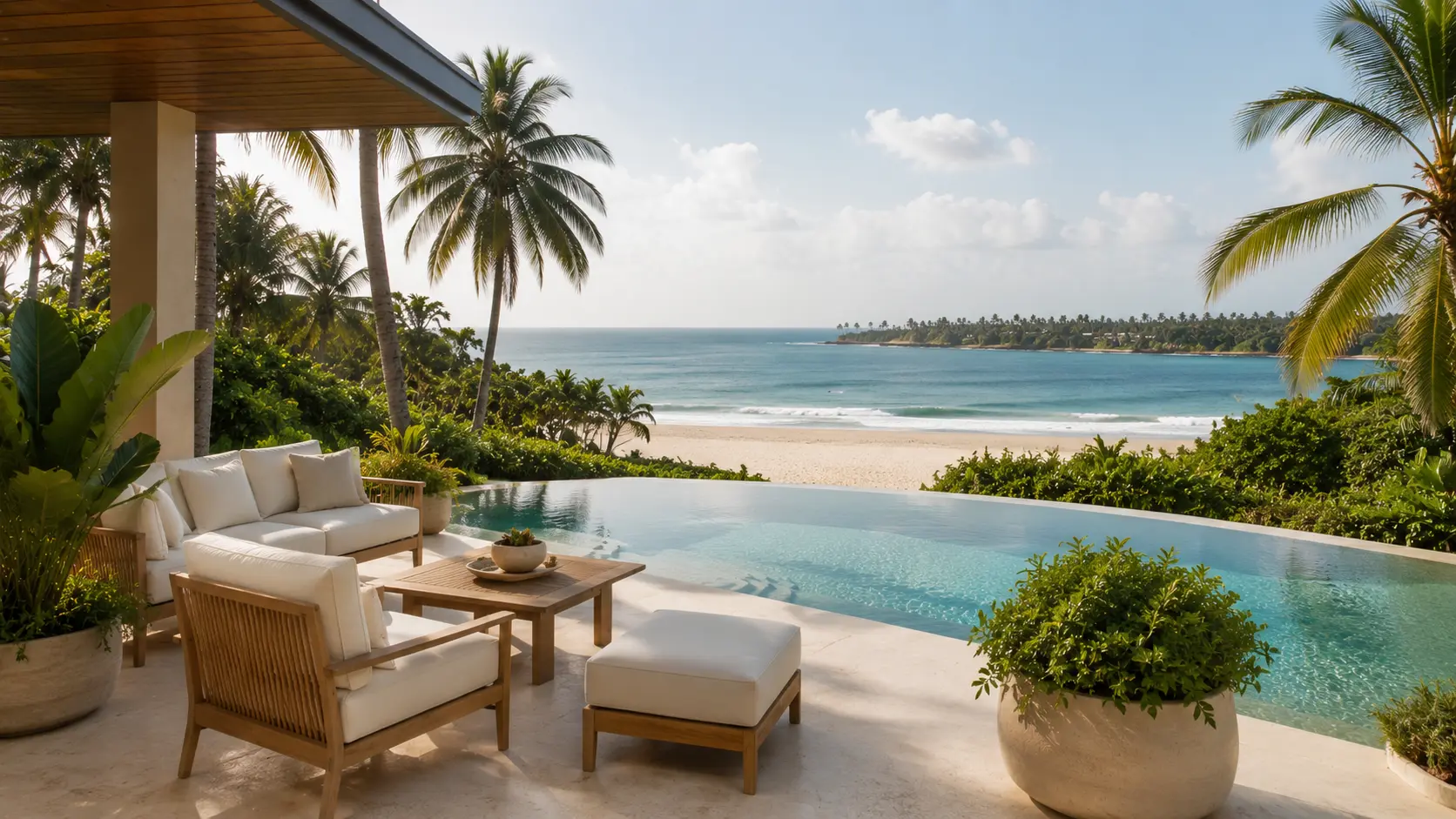 Private infinity pool and white patio furniture overlooking a Las Terrenas beach and the Atlantic Ocean