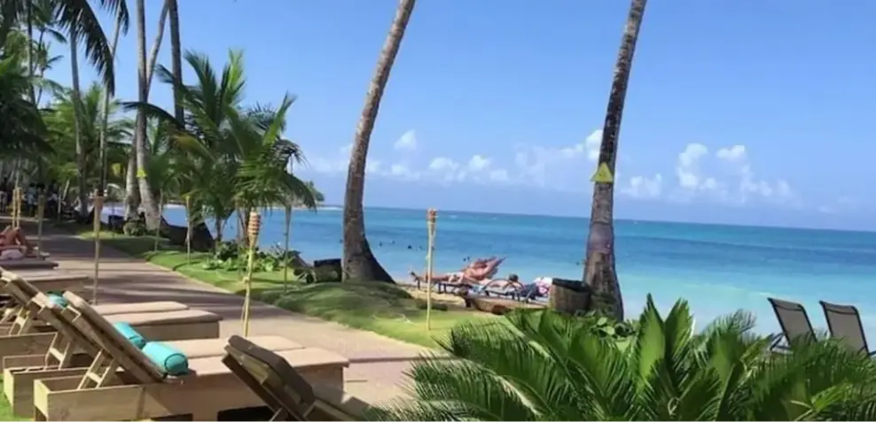 Beachfront resort with lounge chairs and palm trees in Las Terrenas