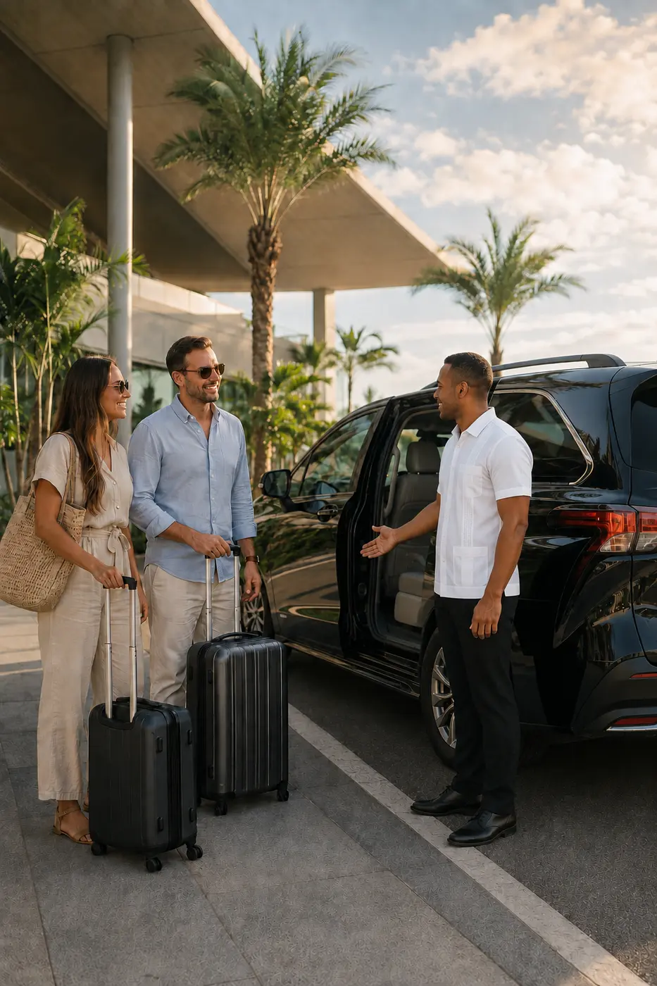 2022 Toyota Sienna private airport transfer in Santo Domingo Driver in a white chacabana welcoming travelers to a 2022 Toyota Sienna at Santo Domingo Airport