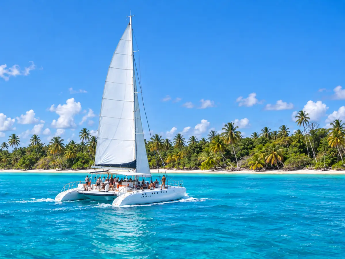 White catamaran sailboat under full sail in turquoise water off a palm-lined Saona Island beach.