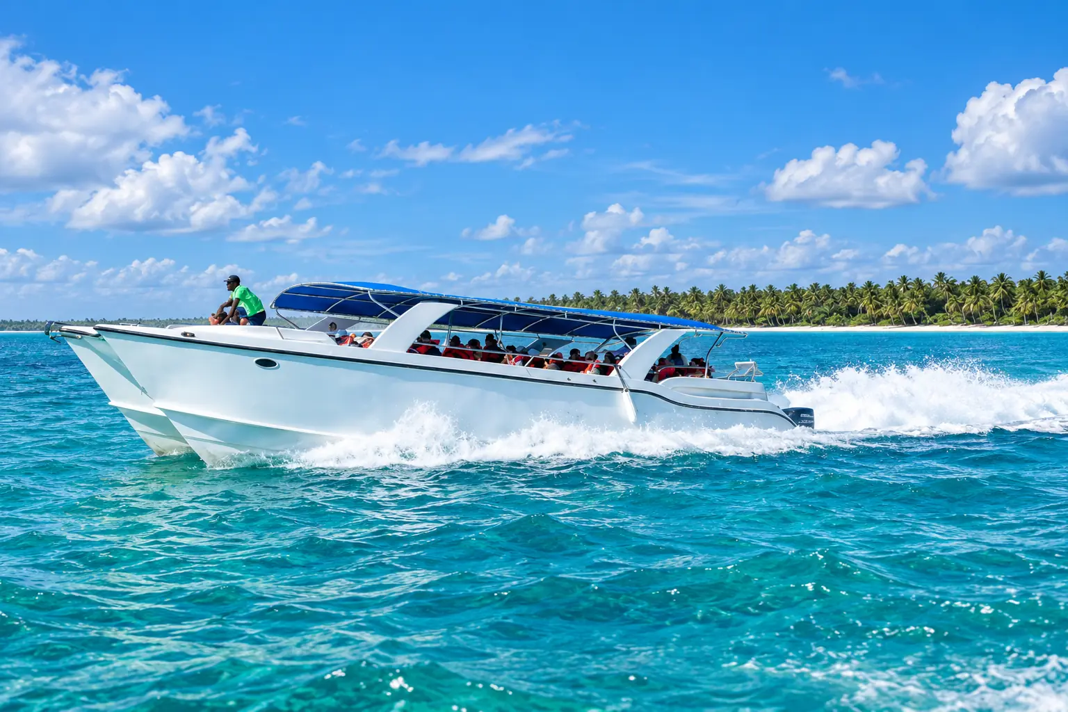 White passenger speedboat crossing turquoise Caribbean water during an Isla Saona excursion.