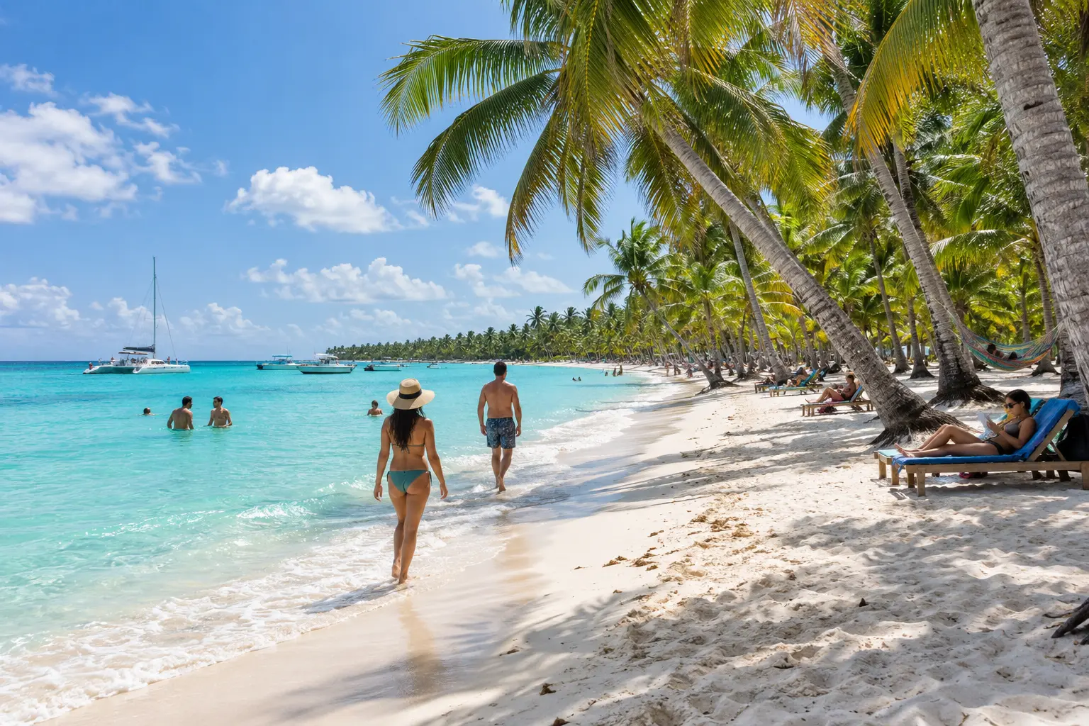White-sand Saona Island beach with turquoise water and coconut palms.